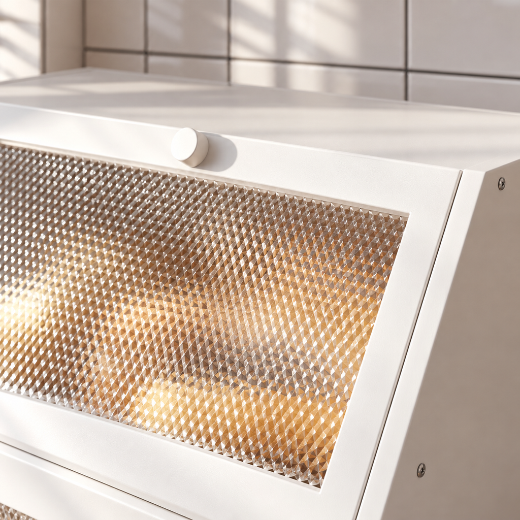 Generated product illustration: double layer bread box white; source-visible construction and window detail.