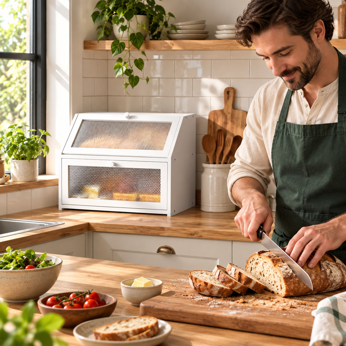 Generated product illustration: double layer bread box white; closed cabinet in a bread preparation setting.