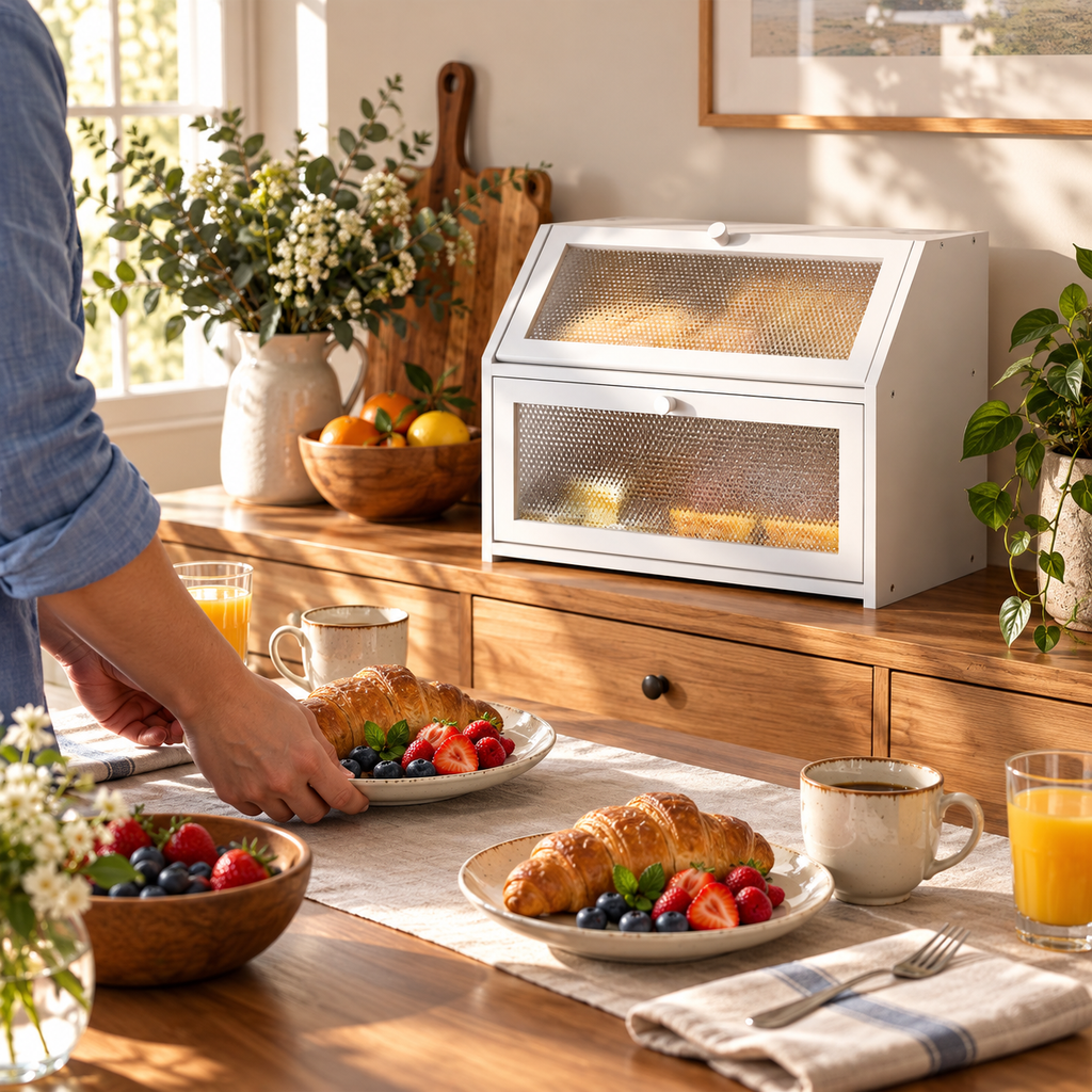 Generated product illustration: double layer bread box white; closed cabinet at a breakfast sideboard.