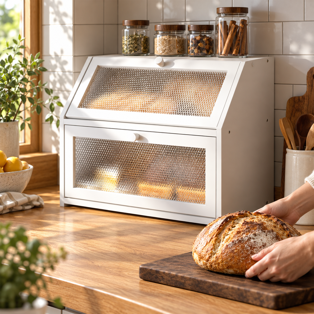Generated product illustration: double layer bread box white; closed cabinet beside hands placing a loaf on a separate board.