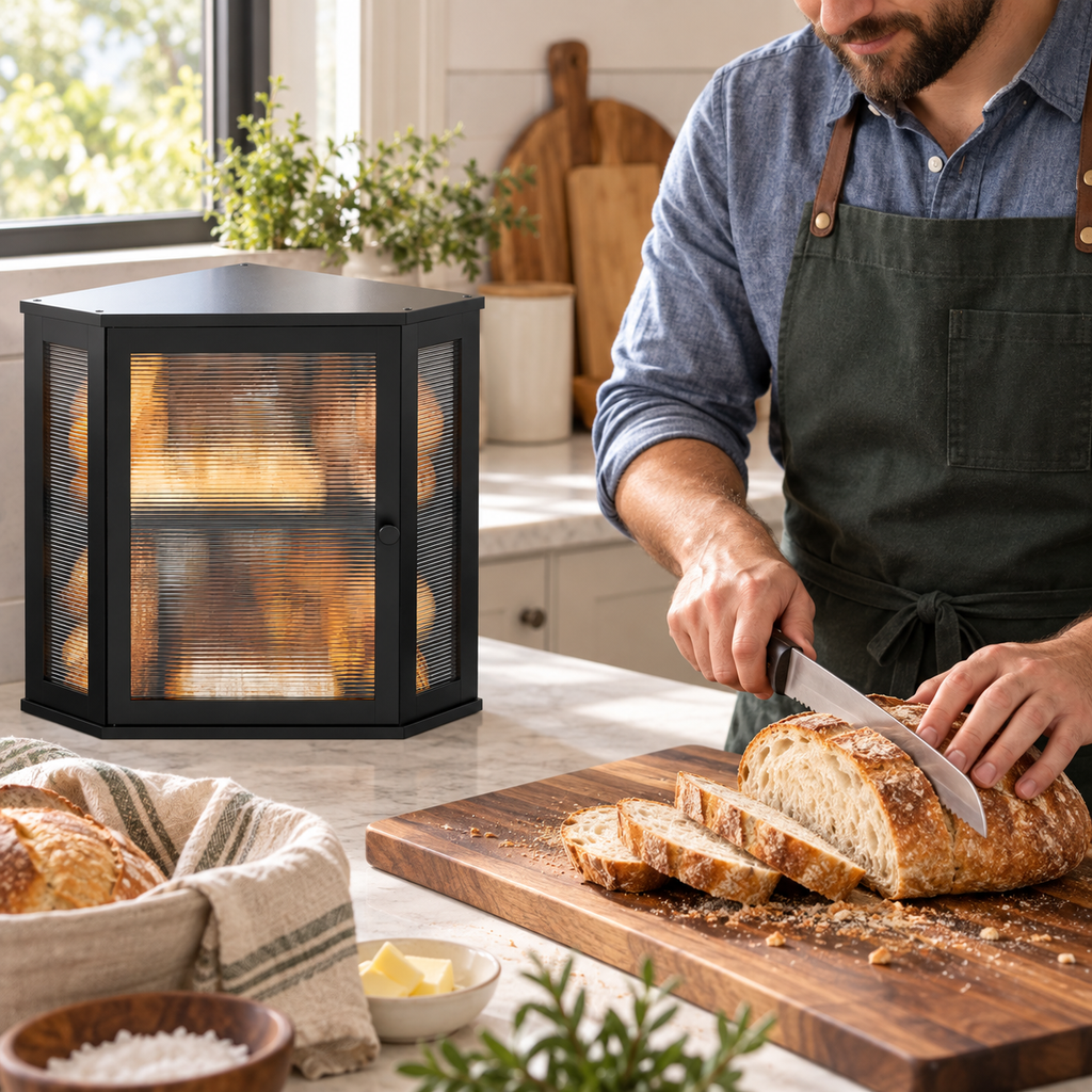 Generated product illustration: corner bread box fluted door black; closed cabinet in a bread preparation setting.