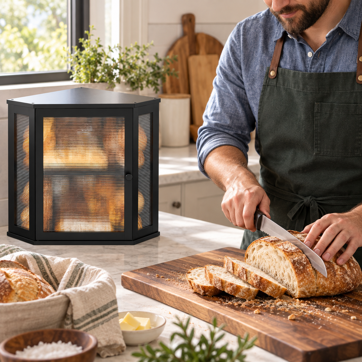 Generated product illustration: corner bread box fluted door black; closed cabinet in a bread preparation setting.
