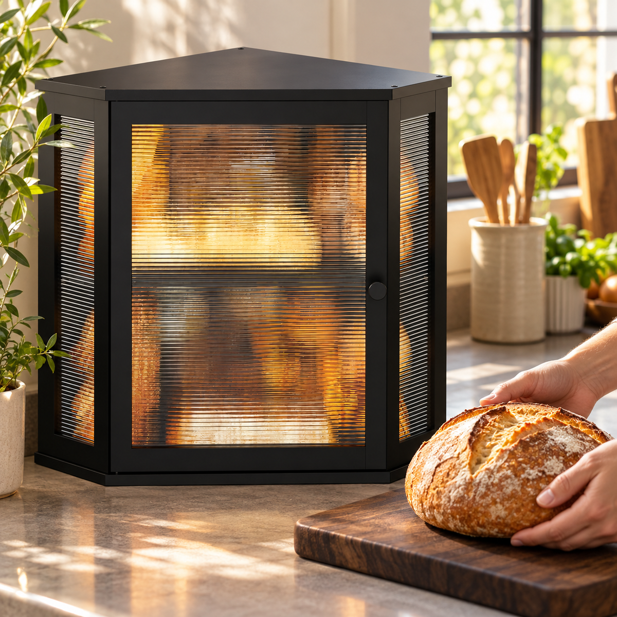Generated product illustration: corner bread box fluted door black; closed cabinet beside hands placing a loaf on a separate board.