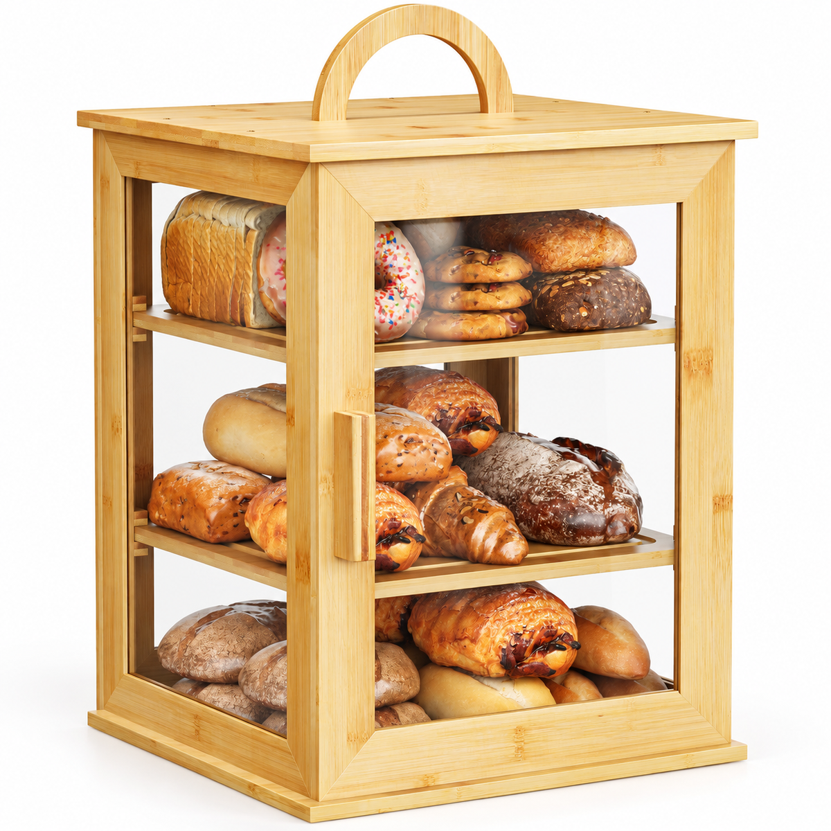 Generated product illustration: three-tier bamboo bread box with closed clear panels on a white background.