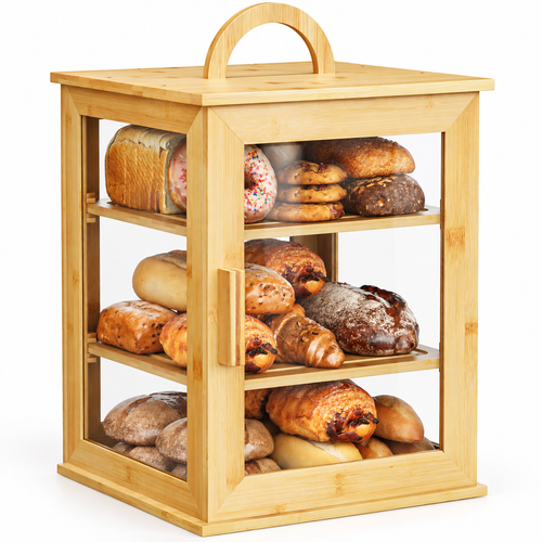 Generated product illustration: three-tier bamboo bread box with closed clear panels on a white background.