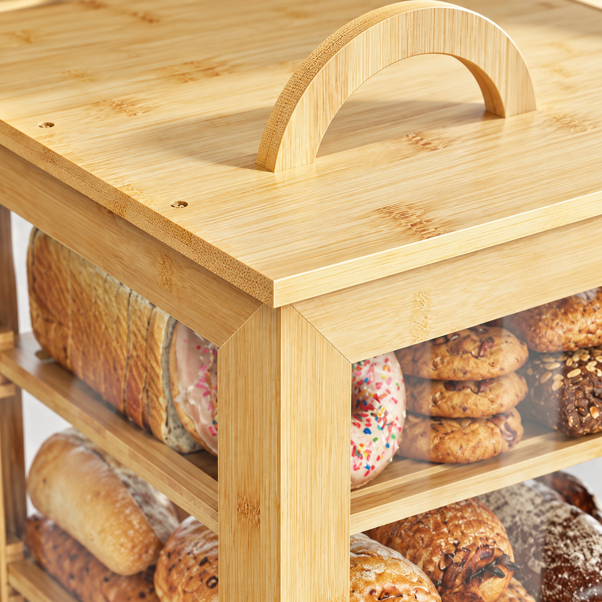 Generated product illustration: 3 tier bamboo bread box; source-visible construction and window detail.