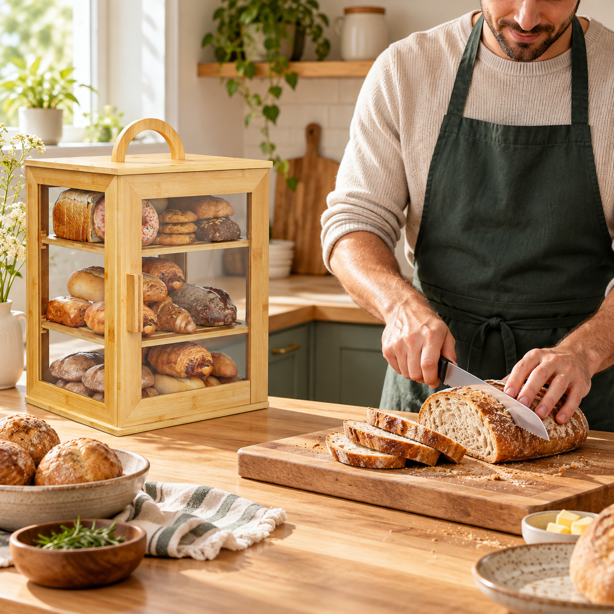 Generated product illustration: 3 tier bamboo bread box; closed cabinet in a bread preparation setting.