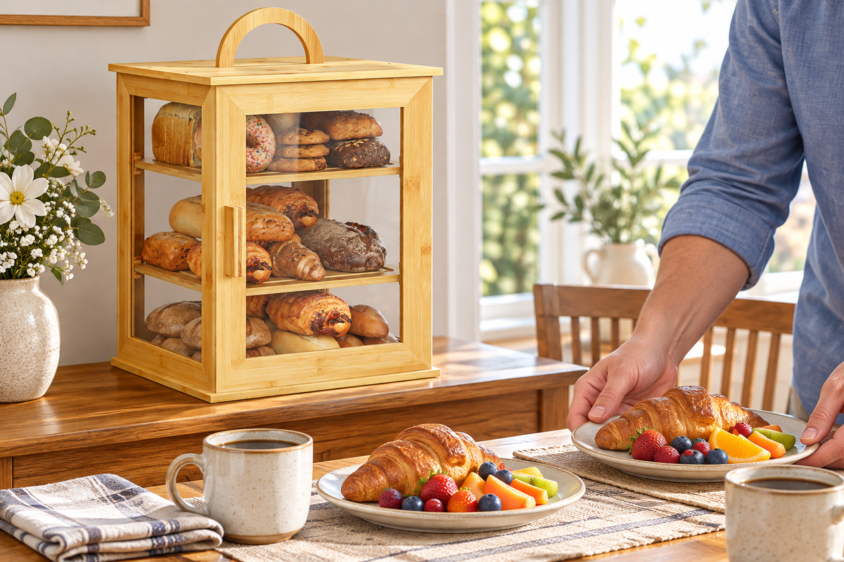 Generated product illustration: 3 tier bamboo bread box; closed cabinet at a breakfast sideboard.