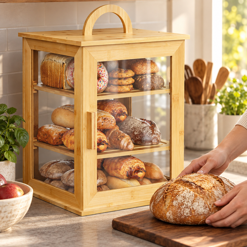 Generated product illustration: 3 tier bamboo bread box; closed cabinet beside hands placing a loaf on a separate board.