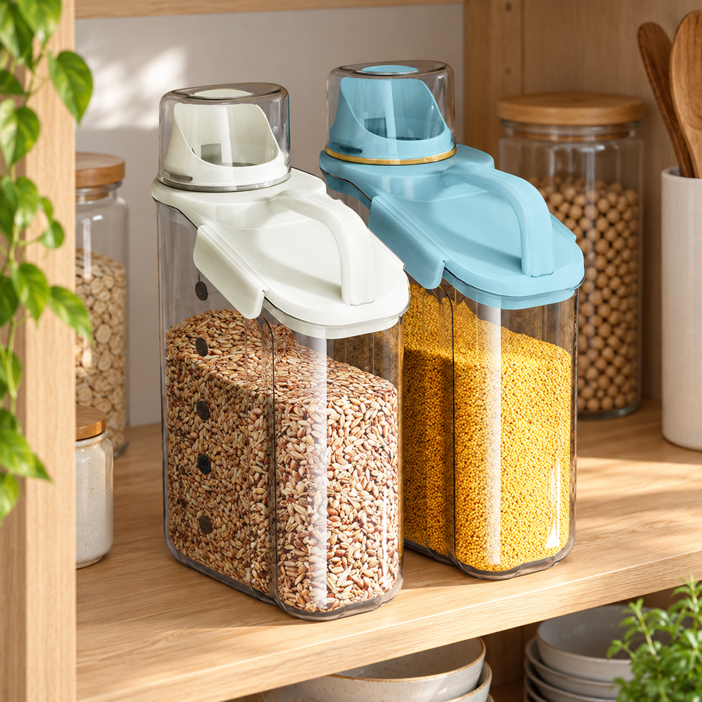 White and pale-blue closed containers in an oak pantry. Grain, background jars and other kitchen accessories are styling props, not included.