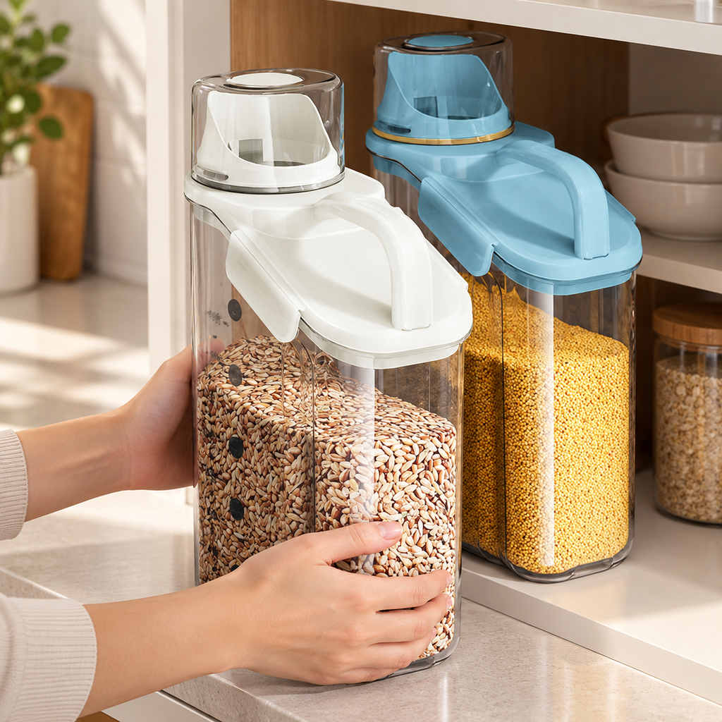 Hands supporting the white closed container by its body at the pantry counter; blue closed container behind. Grain and kitchen accessories are props, not included.