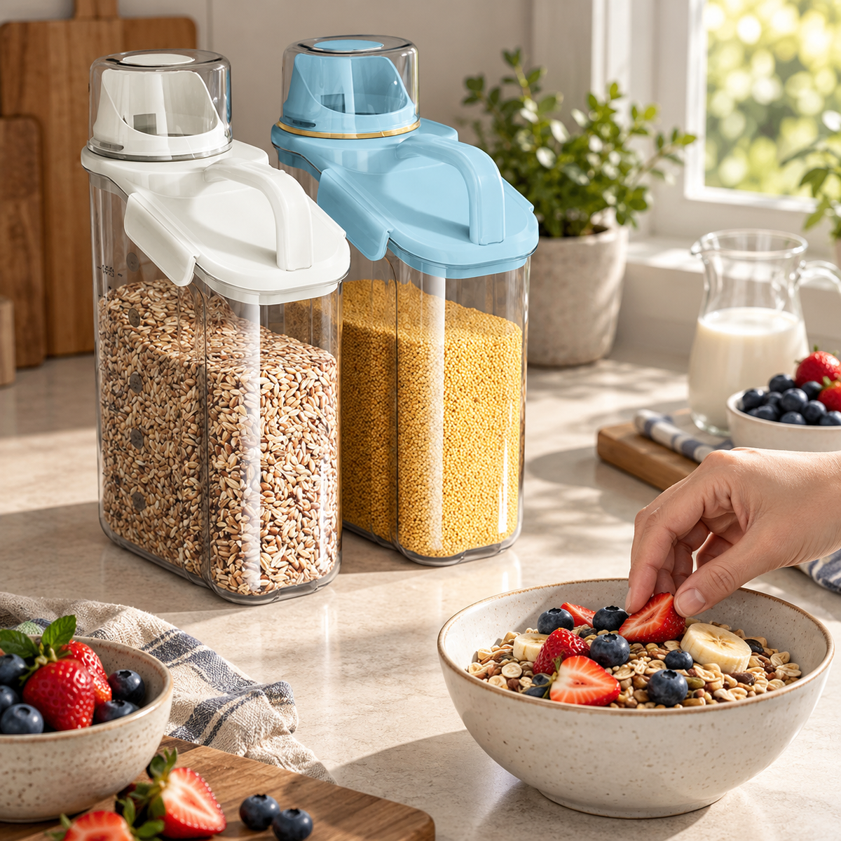 Both closed cereal containers beside a separately prepared breakfast bowl. Food, bowl, jug and other kitchen accessories are styling props, not included.