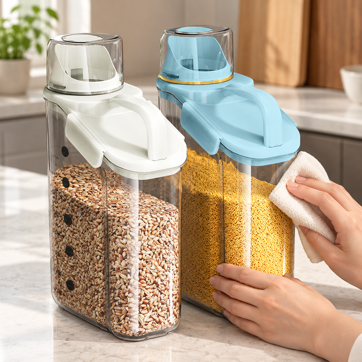Hands wiping the blue closed container exterior with a dry cloth; white container alongside. Cloth, grain and kitchen accessories are props, not included.