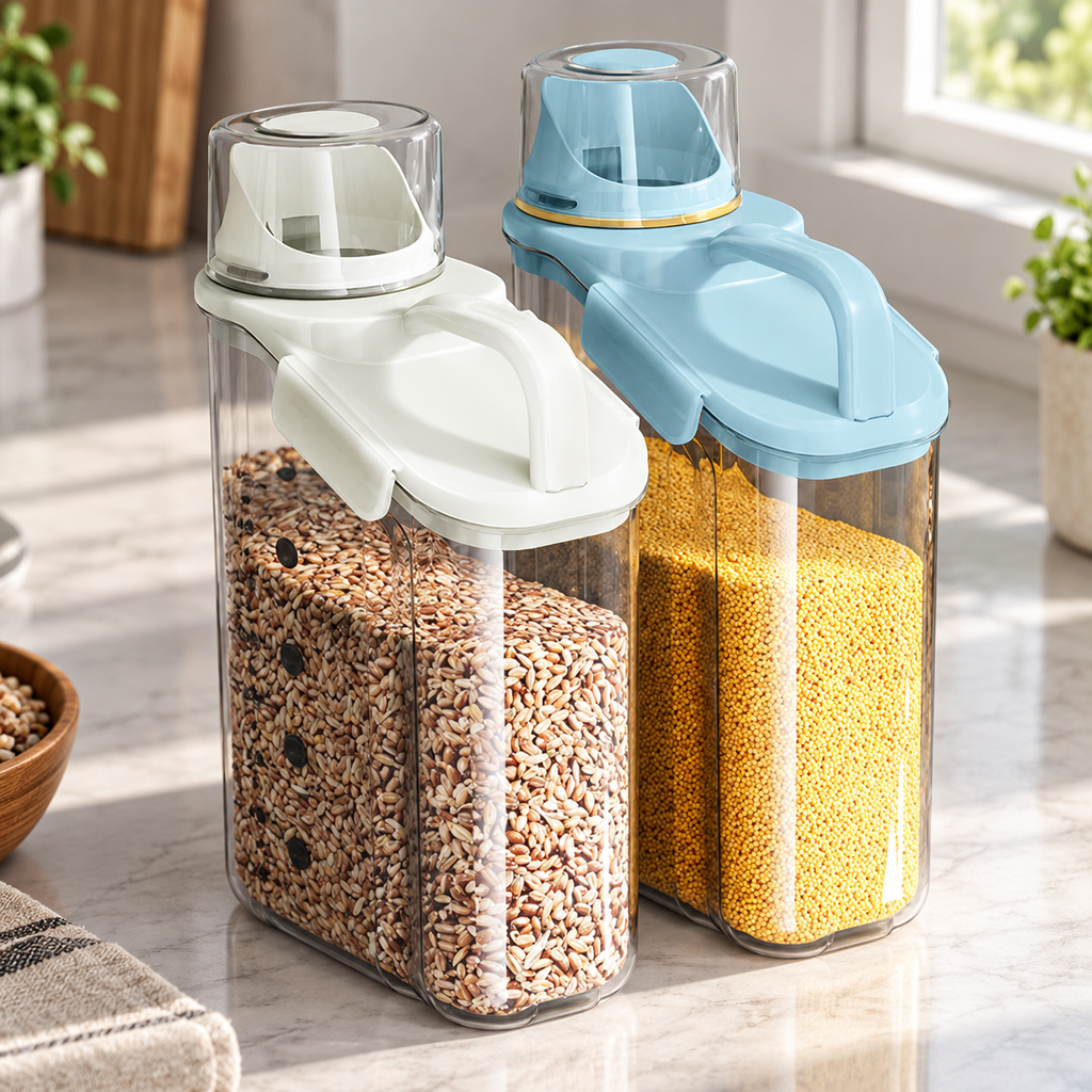 Closed white and pale-blue lid profiles and inverted clear cup caps in a new counter arrangement. Grain, bowl and other accessories are styling props, not included.