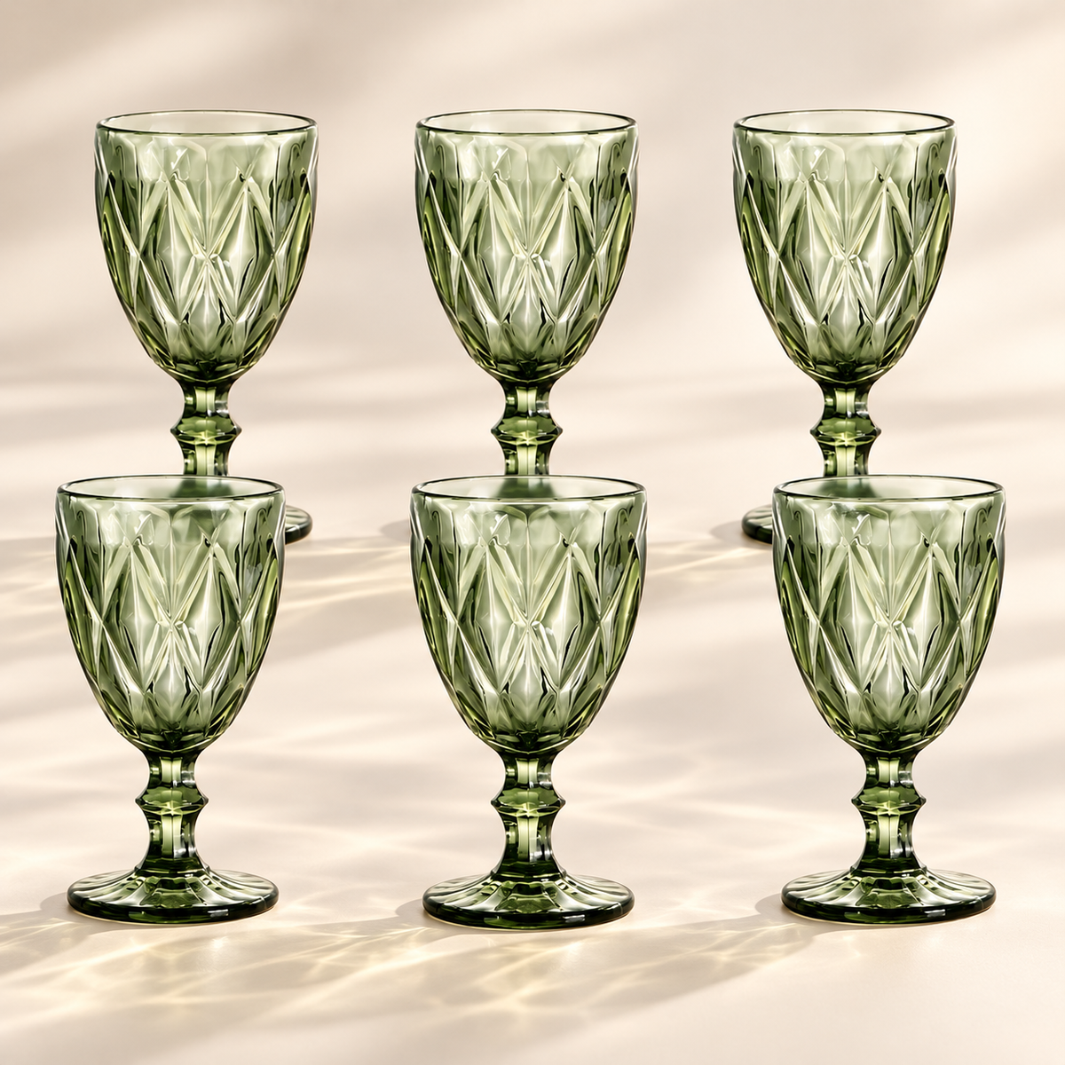 Green embossed glass goblets: set, set of six