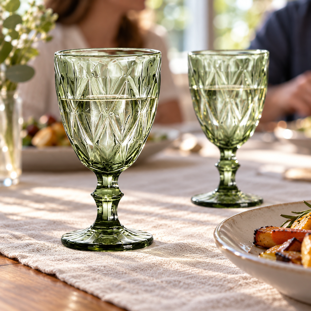 Green embossed glass goblets: dinner