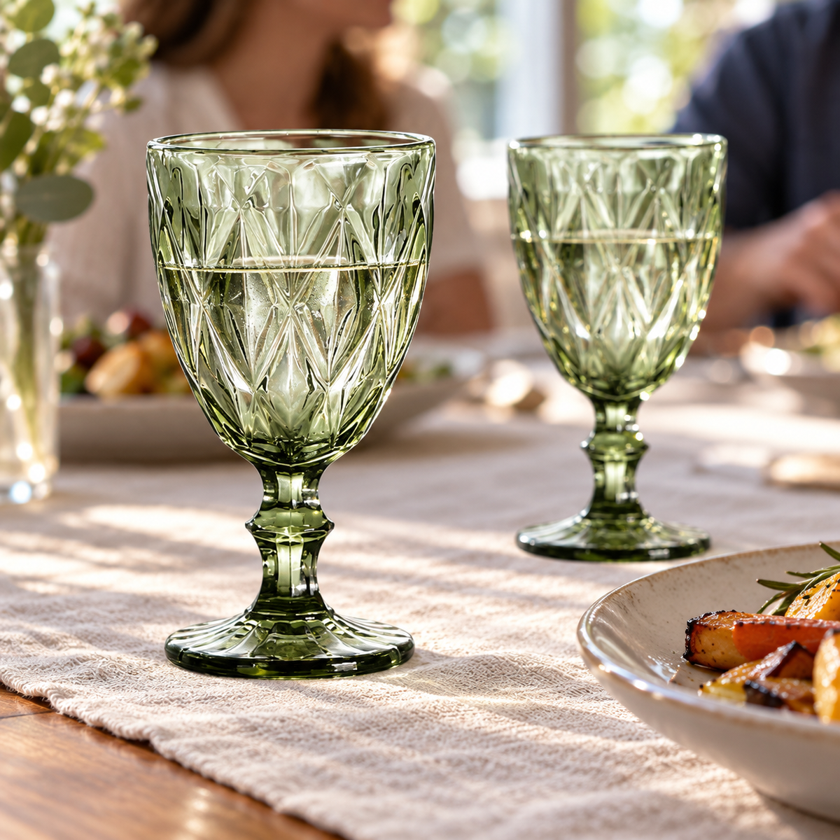 Green embossed glass goblets: dinner