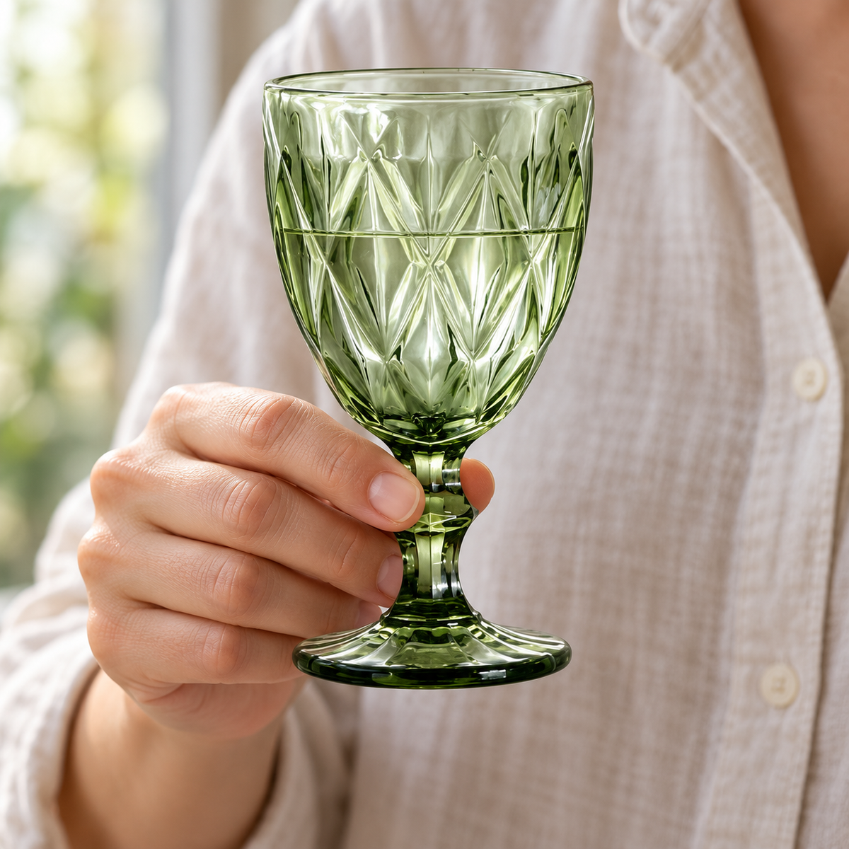 Green embossed glass goblets: handheld