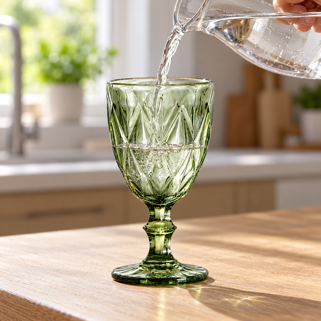 Green embossed glass goblets: pouring
