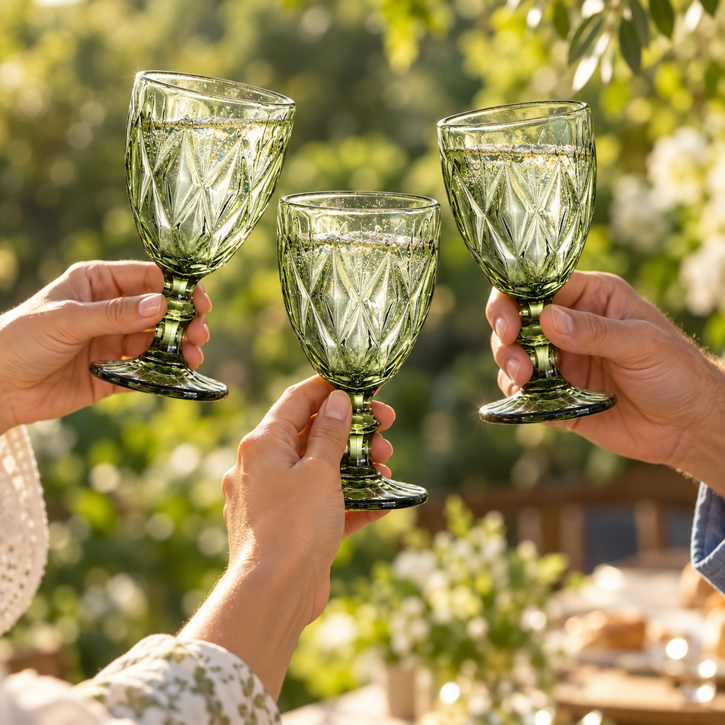 Green embossed glass goblets: party