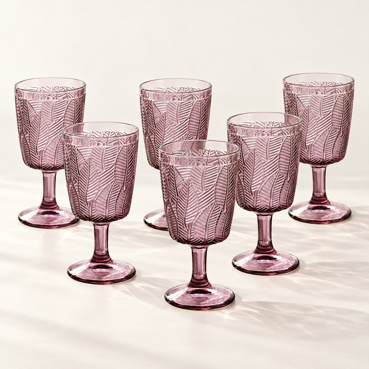 Purple leaf-embossed goblets: set of six