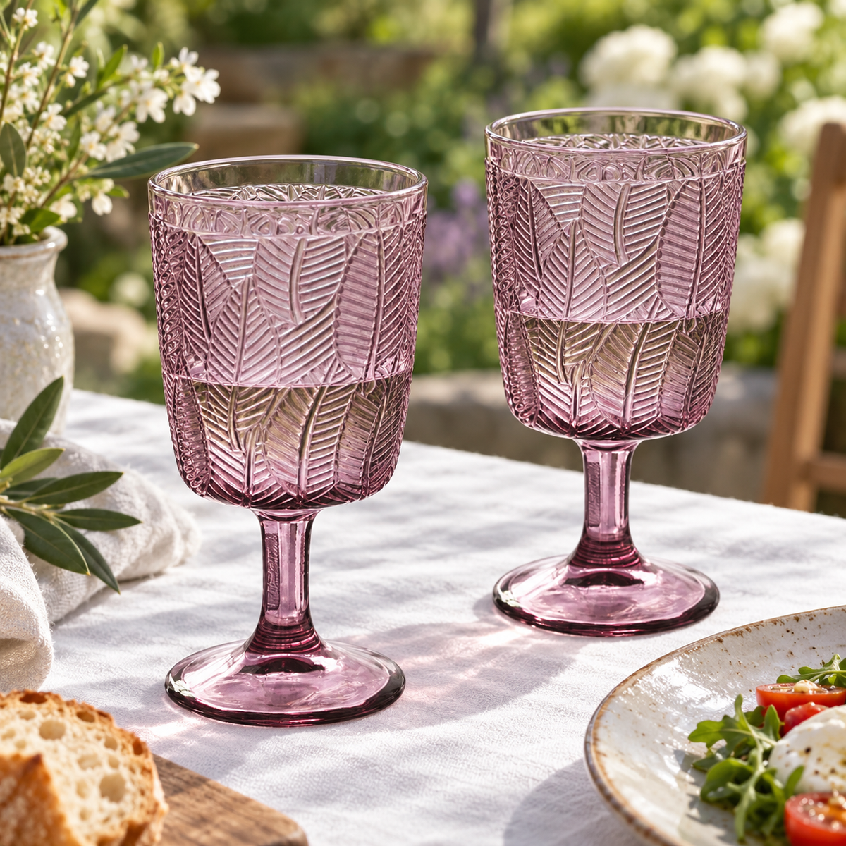 Purple leaf-embossed goblets: garden