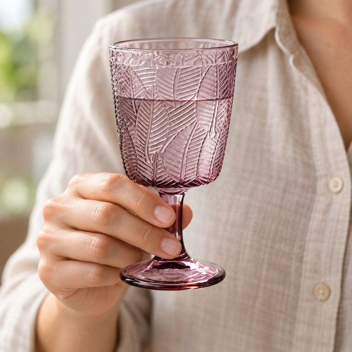 Purple leaf-embossed goblets: handheld