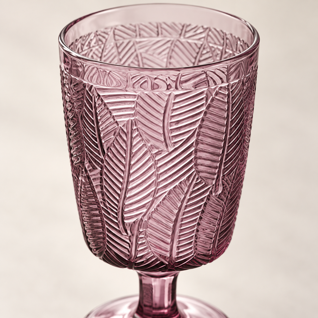 Purple leaf-embossed goblets: detail