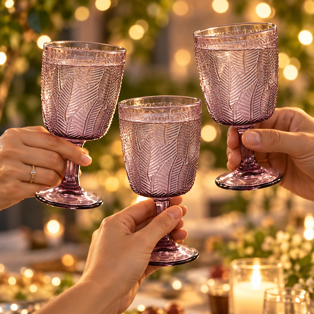Purple leaf-embossed goblets: party