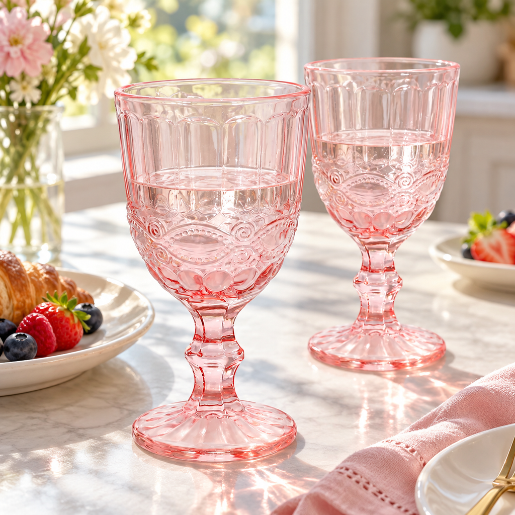 Pink pressed-glass goblets: breakfast