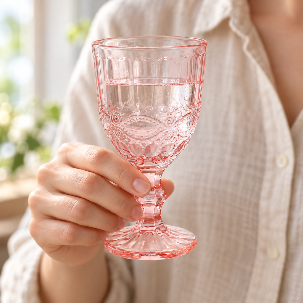 Pink pressed-glass goblets: handheld