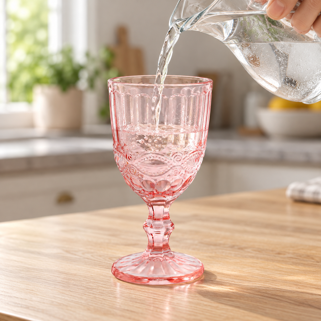 Pink pressed-glass goblets: pouring