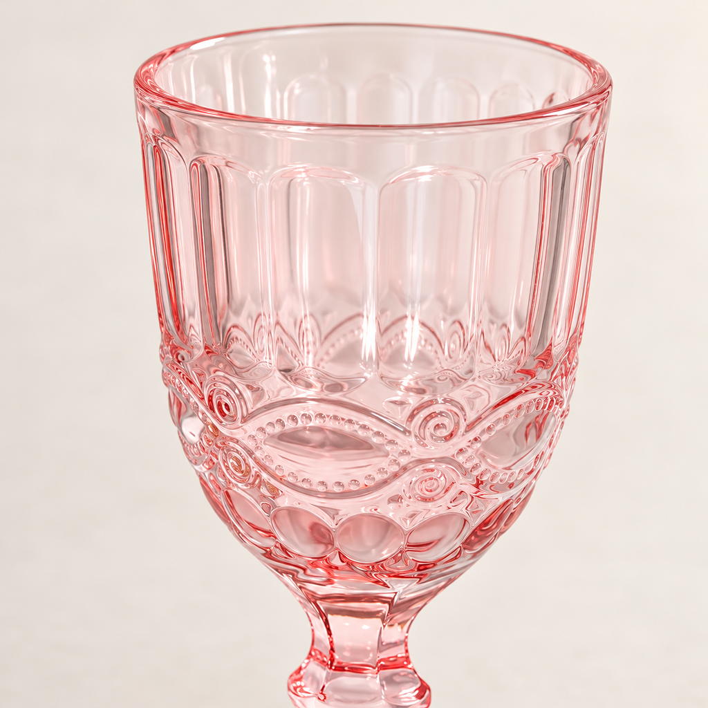 Pink pressed-glass goblets: detail