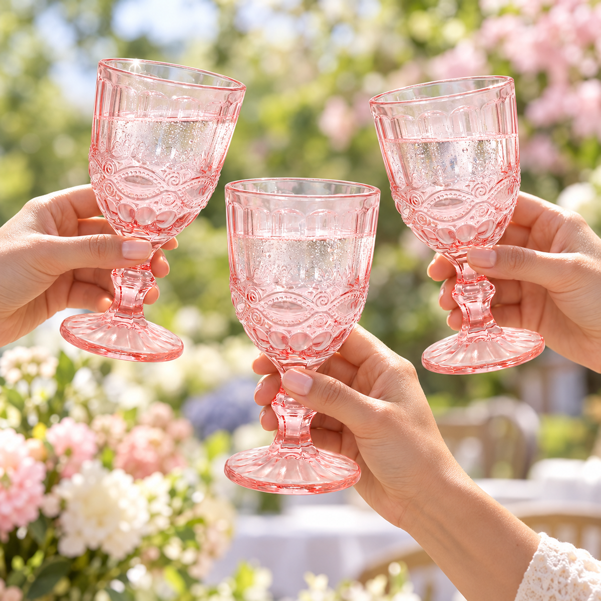 Pink pressed-glass goblets: party