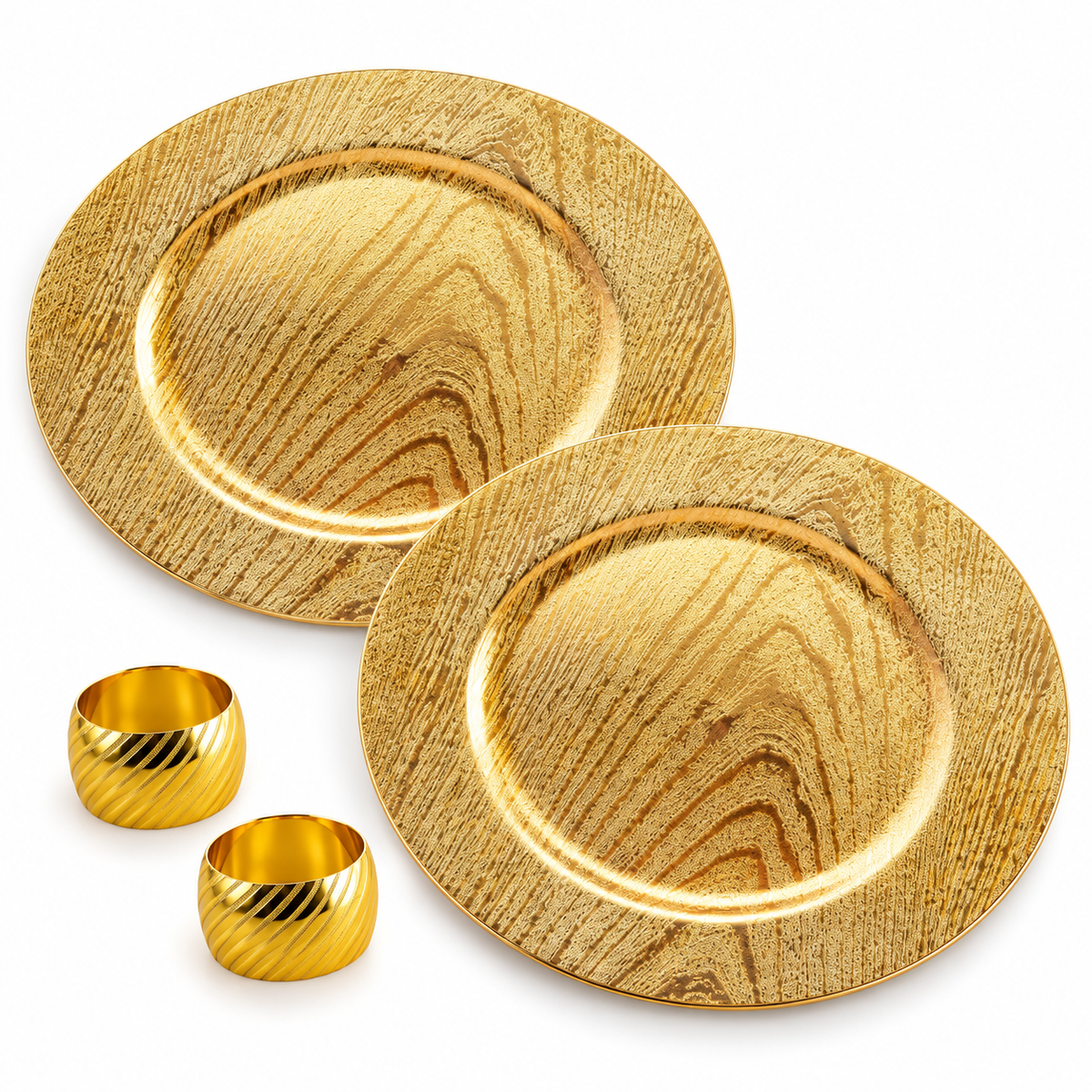 Two representative gold woodgrain chargers and two matching gold napkin rings on white; sample arrangement of the 12-charger and 12-ring set.