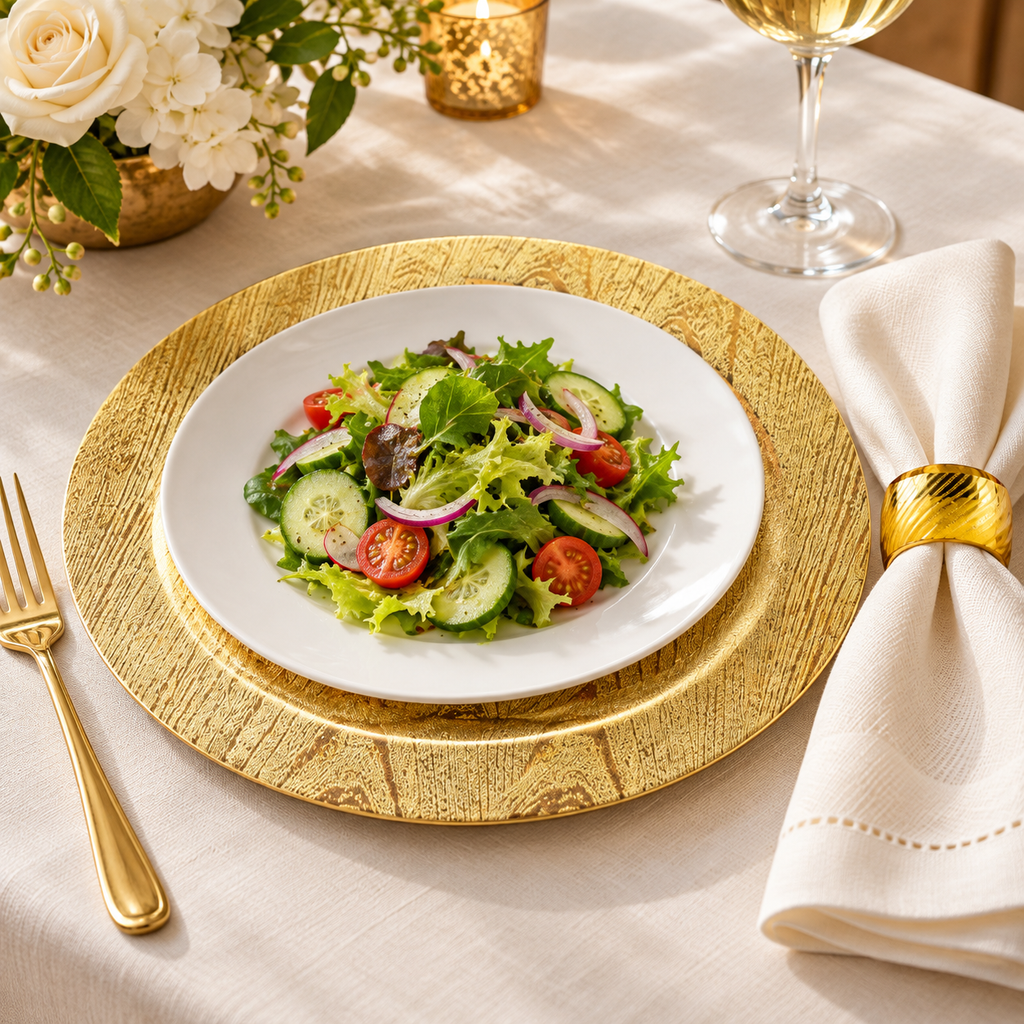 Representative gold woodgrain charger beneath a separate white dinner plate with matching gold napkin ring. Dinner plate, food, napkin, glassware, cutlery and flowers are props, not included.