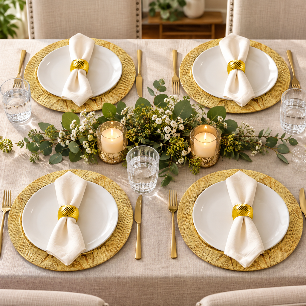 Four representative gold woodgrain charger and napkin-ring place settings. White dinner plates, napkins, glasses, cutlery, candles and flowers are styling props, not included; full set has 12 chargers and 12 rings.
