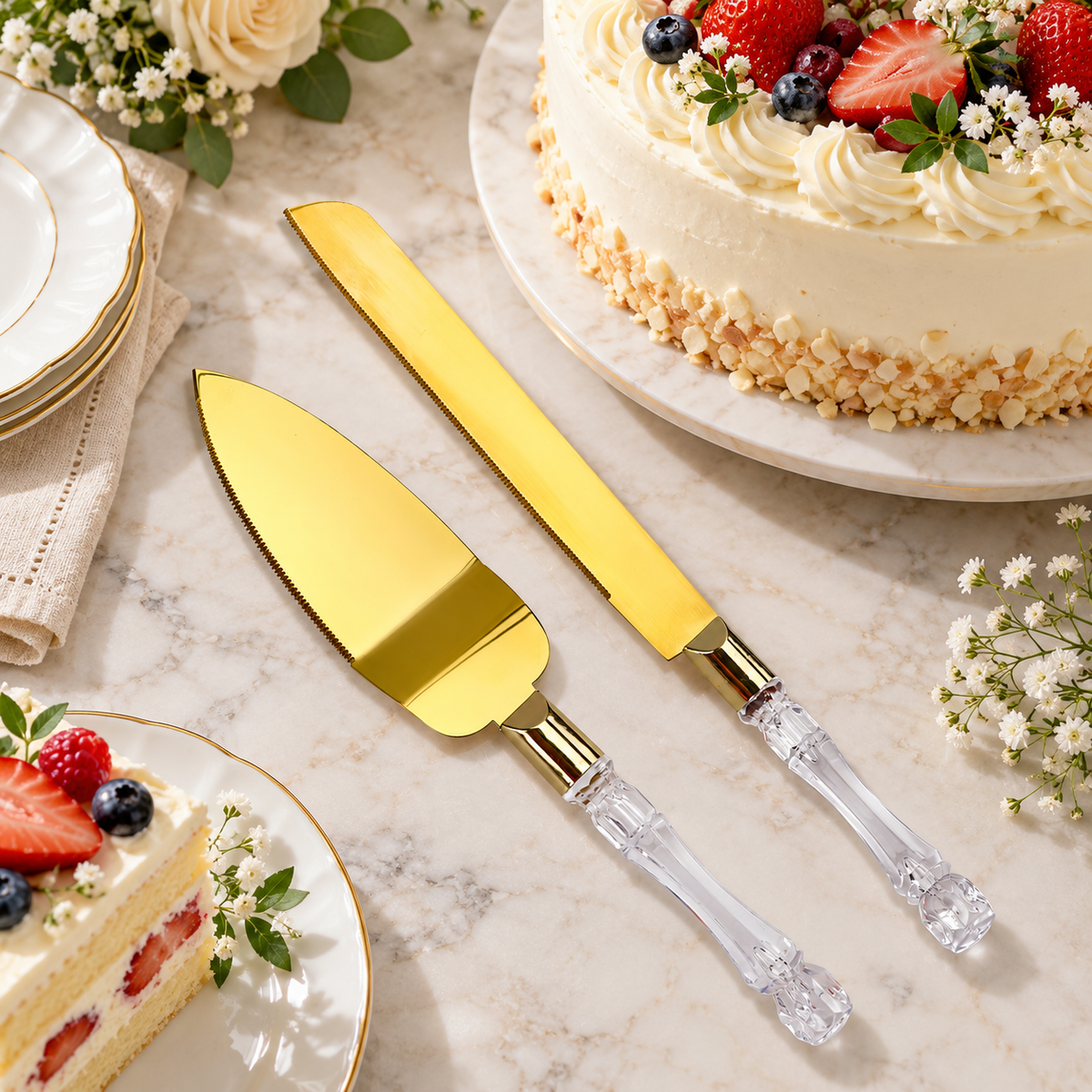 Gold-tone cake knife and server beside a celebration cake. Cake, plates, flowers and table accessories are styling props, not included.