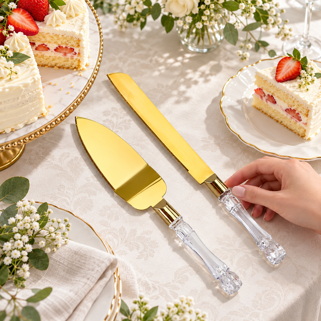 A hand resting lightly on the clear handle of the flat cake knife beside cut cake. Food and table accessories are styling props, not included.