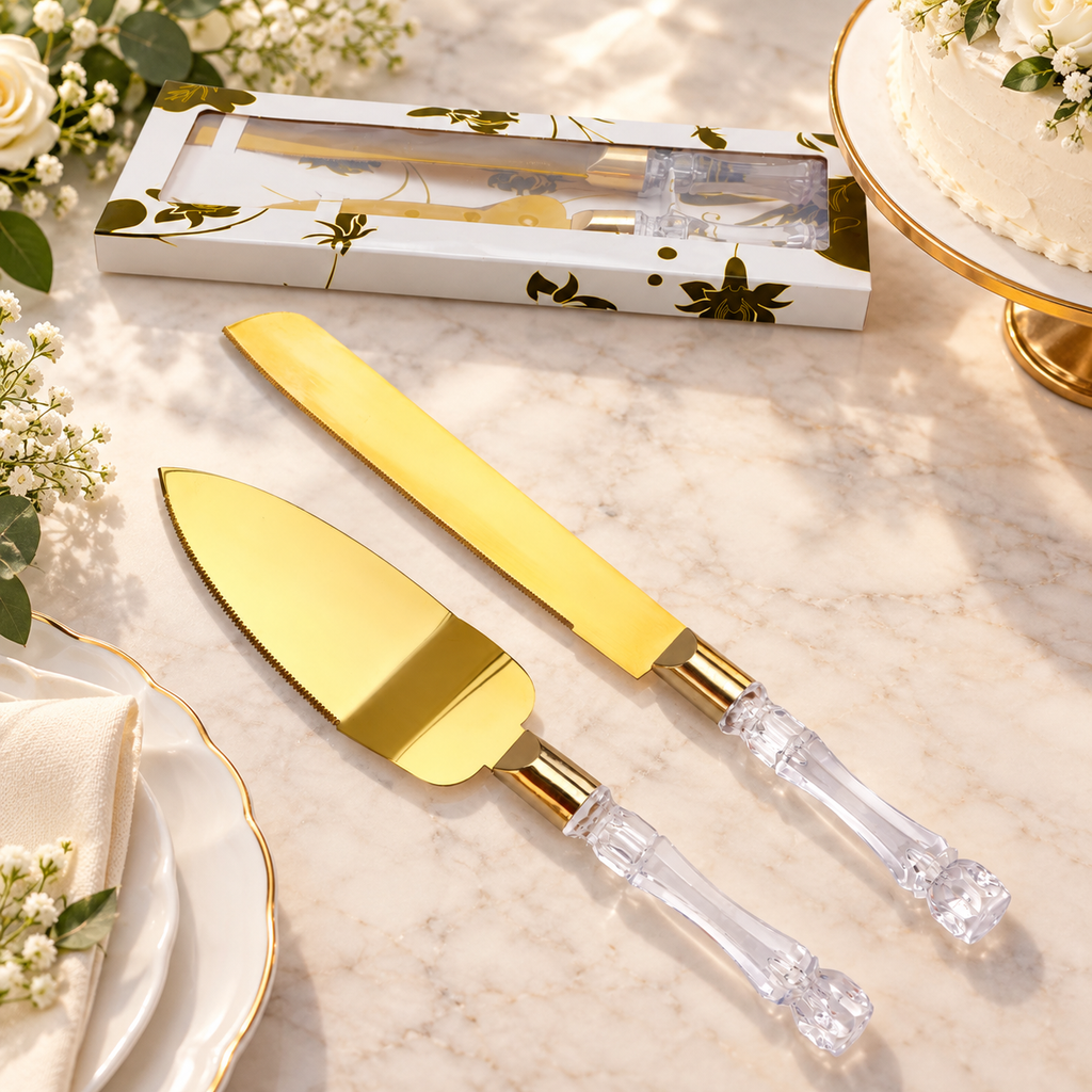 Gold-tone cake knife and server with the matching closed white-and-gold window gift box. Cake, flowers and table accessories are styling props, not included.