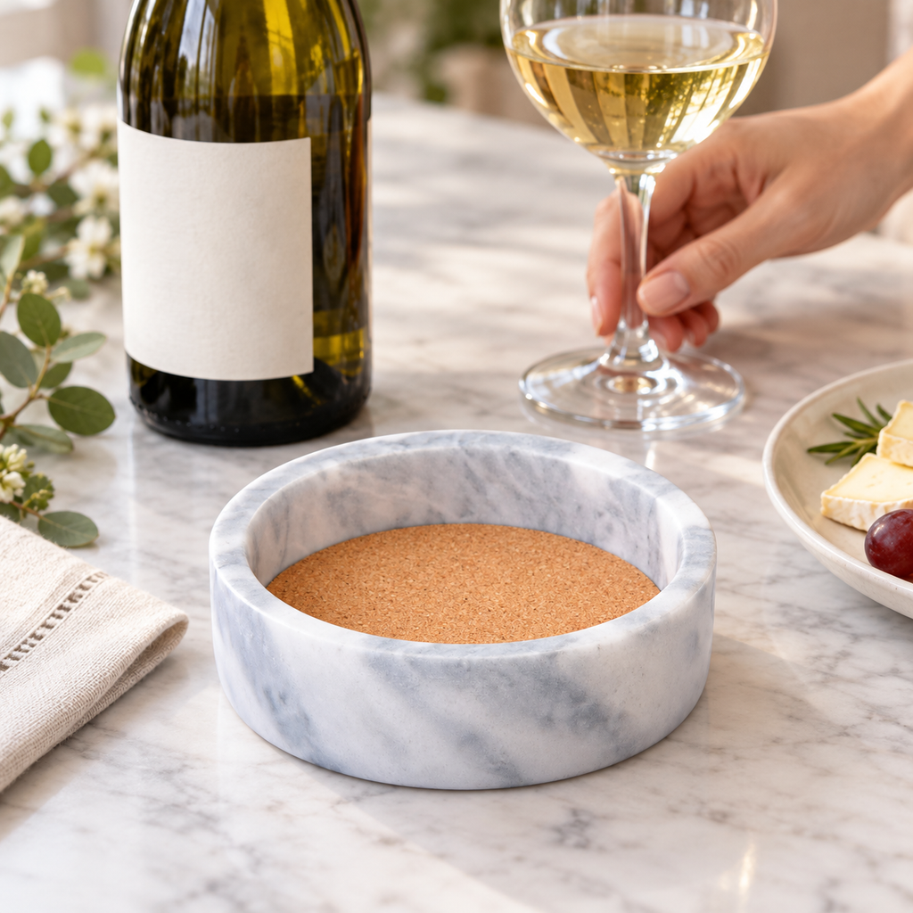 Empty marble coaster at a dining setting while a hand places a wine glass nearby. Bottle, wine, glass and table accessories are styling props, not included.