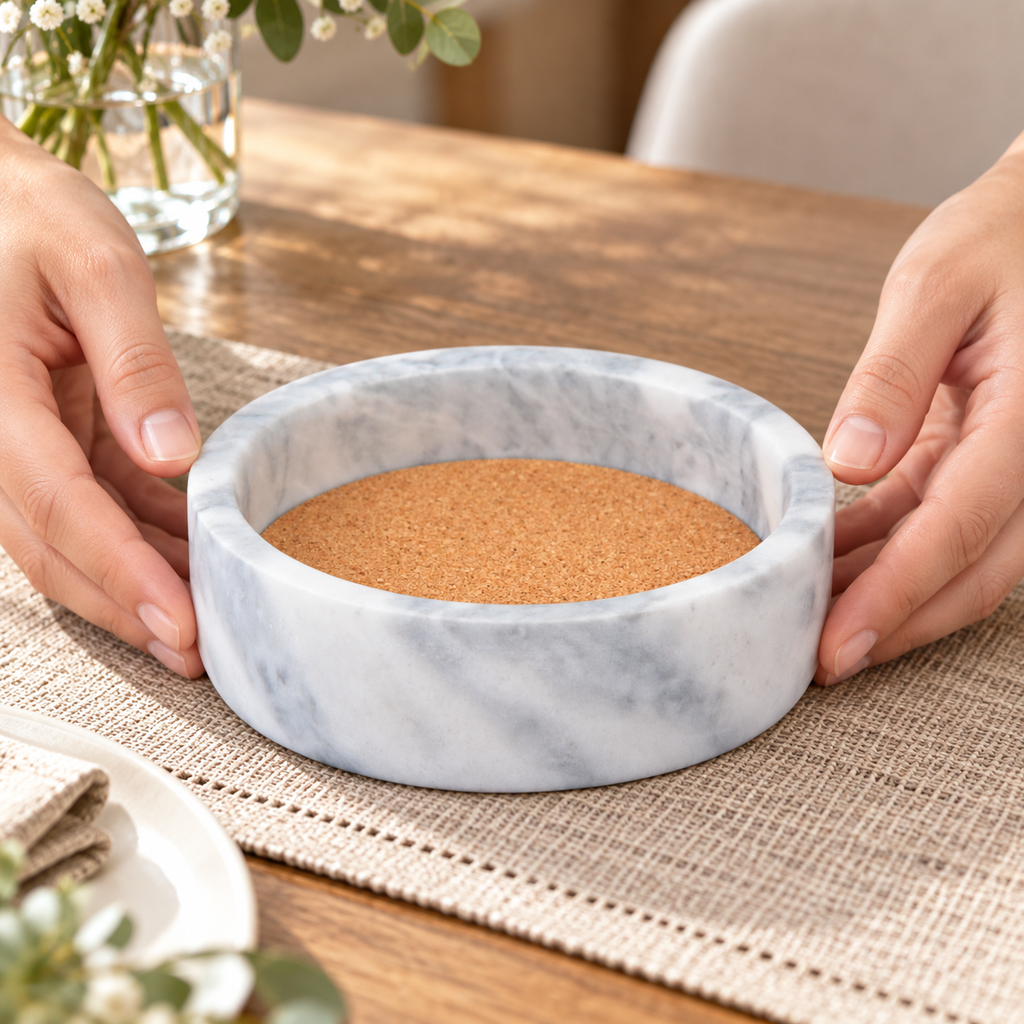 Hands placing the empty marble coaster on a dining table, with the cork insert visible. Table linens and decor are styling props, not included.