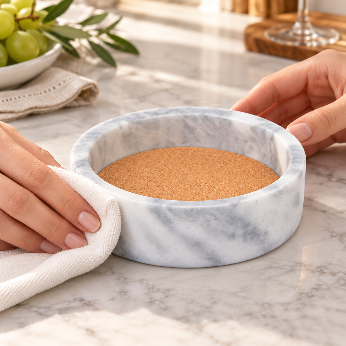 A hand gently wiping the outside of the empty marble coaster with a dry cloth. Cloth, food and table accessories are styling props, not included.