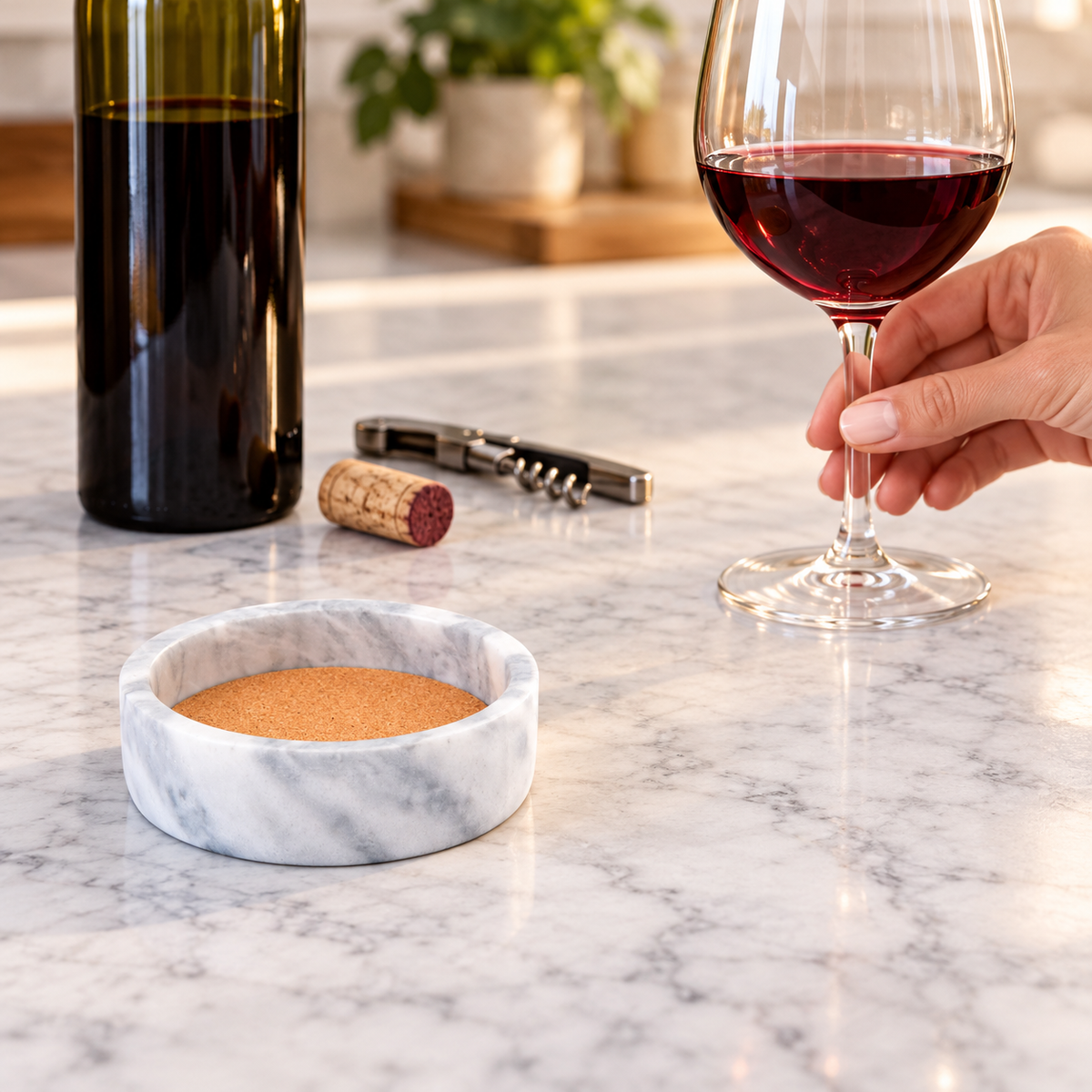 Empty marble coaster on a bar counter as a hand places a glass nearby. Bottle, wine, glass, corkscrew and furnishings are styling props, not included.