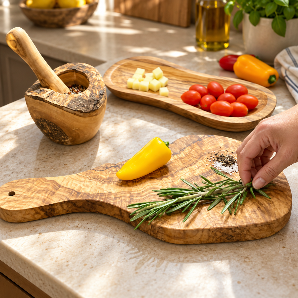 Hands arranging rosemary on the wood board with the matching bowl, mortar and pestle nearby. Food, herbs, spices and background kitchen accessories are props, not included.