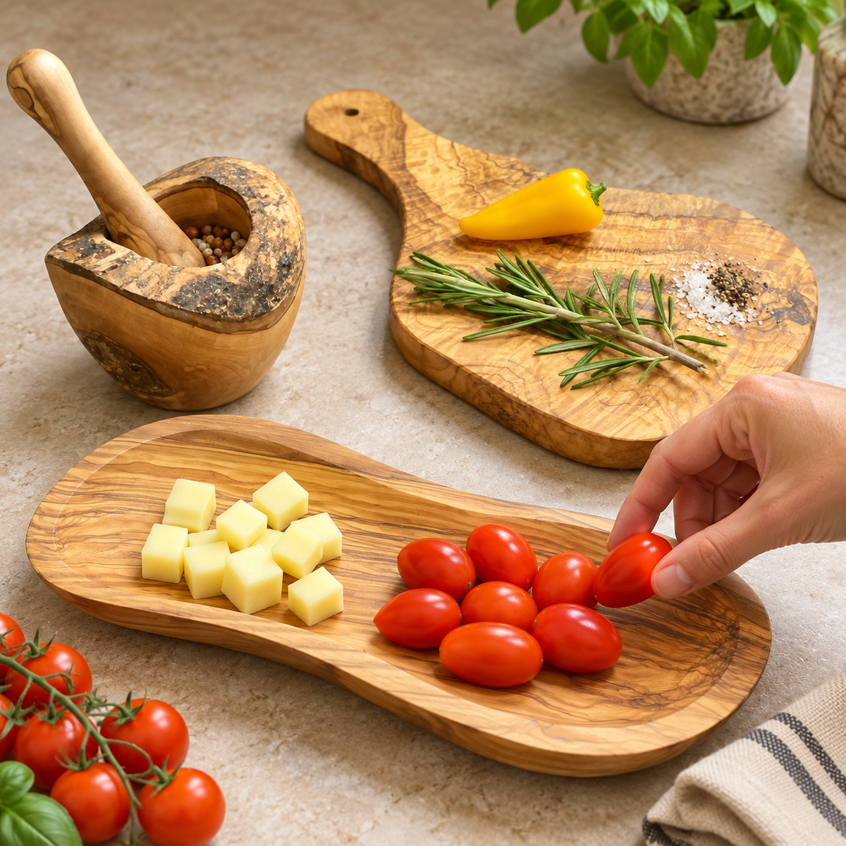 Hand placing a tomato in the elongated wood bowl beside the board, mortar and pestle. Food, herbs, spices and kitchen accessories are props, not included.