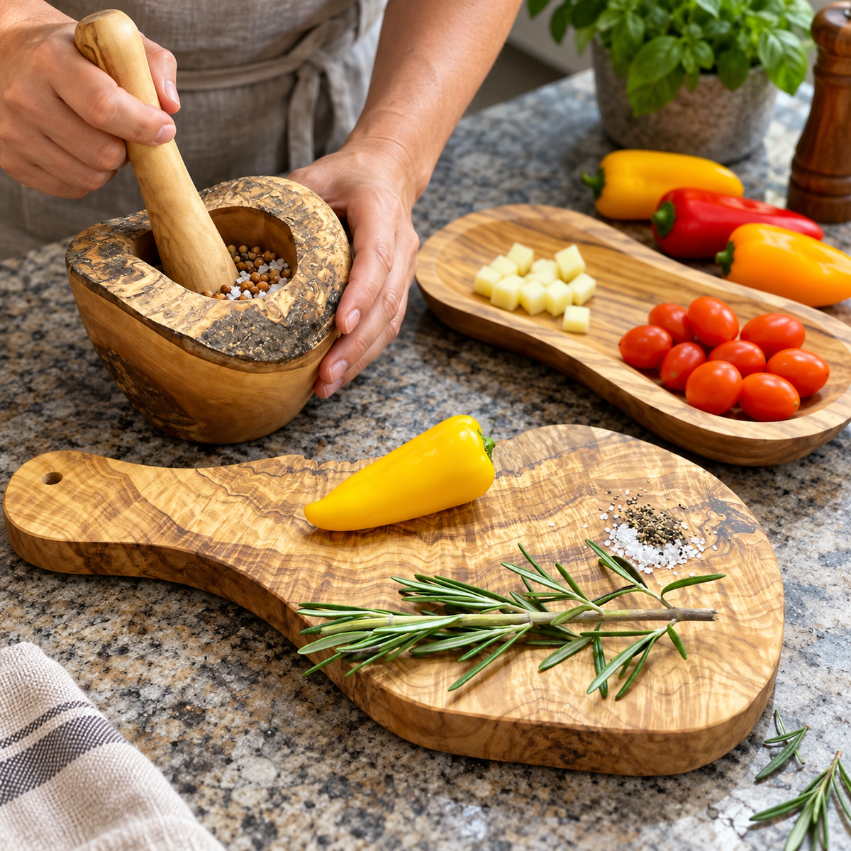 Hands lightly pressing spices with the wooden pestle in its natural-edge mortar; board and elongated bowl nearby. Food, spices, herbs, cloth and other kitchen accessories are props, not included.