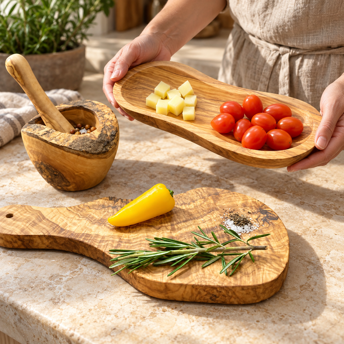 Hands supporting the elongated wood bowl at its sides over a table, with board, mortar and pestle nearby. Food, herbs, spices and background accessories are props, not included.