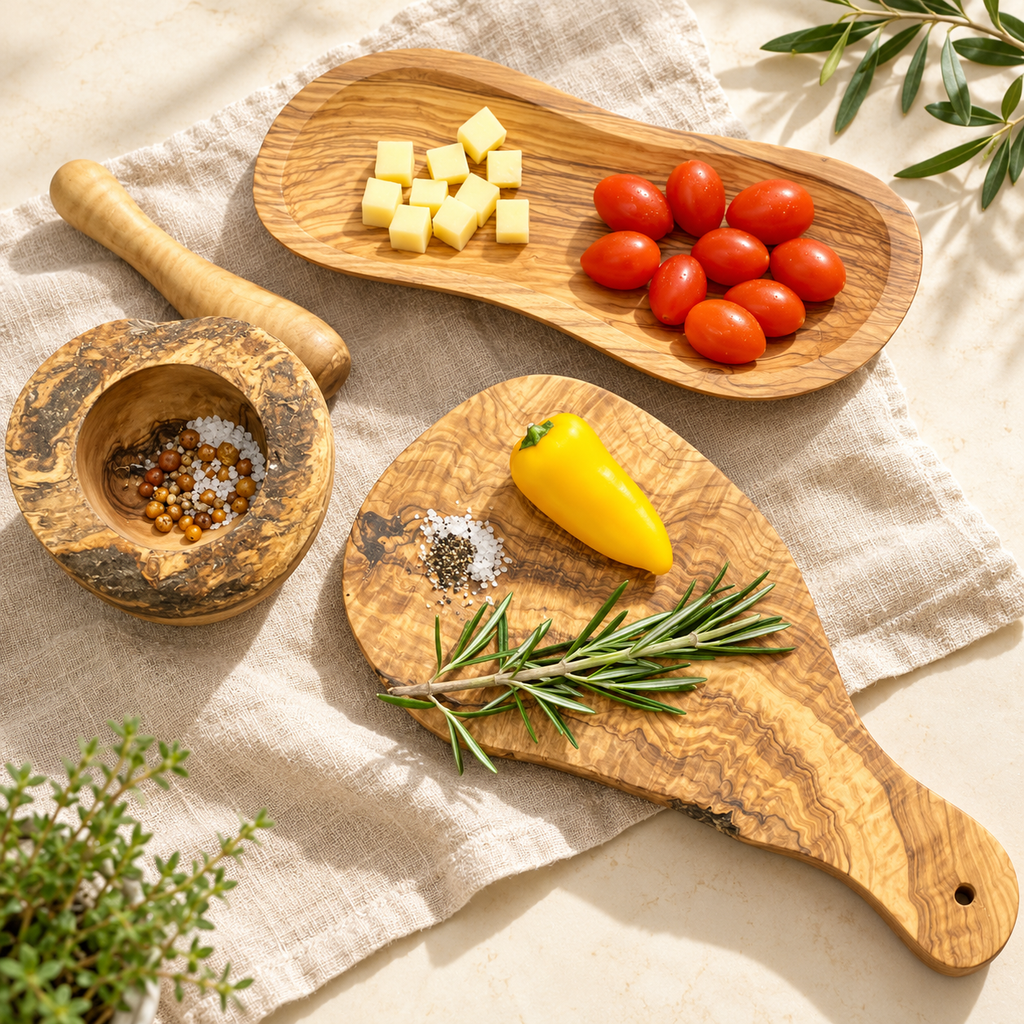 Overhead view of the handled wood board, elongated bowl, natural-edge mortar and pestle. Food, herbs, spices, linen and plants are styling props, not included.