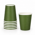 Olive-green paper cup beside a small inverted stack, showing white rims and interiors.